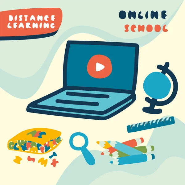 Okul takımı. Defter, küre, kalem, cetvel. Gönderiler için afiş şablonu, hikaye. Çevrimiçi öğrenim ya da eğitim. Çevrimiçi okul ya da çocuk eğitimi. Rota ya da webinarlar için şablon.