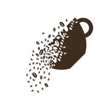 Fincanın şekli ya da fincanın şekli kahve çekirdekleri bulutuna dönüşür. Kahve çekirdekleri bardaktan dökülüyor. Yıkım etkisi. Dağılım.