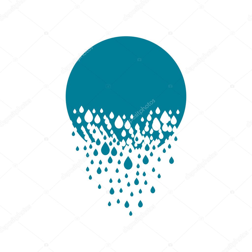 The shape of a circle or ball dissolves into droplets. Drops of liquid fall out as precipitation. Destruction effect. Dispersion.