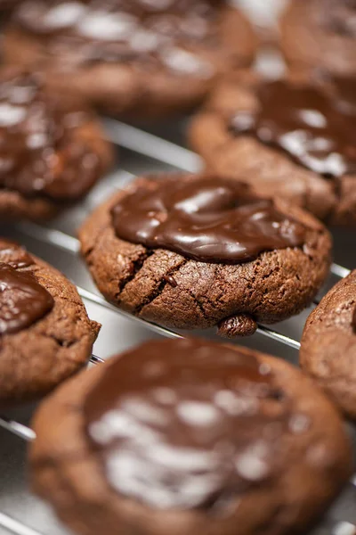 Choc Chip Cookies Freshly Baked Dark Chocolate Drizzle Food Background — Stock Photo, Image