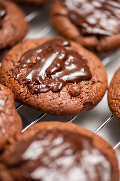 Choc Chip Cookies Freshly Baked Dark Chocolate Drizzle Food Background — Stock Photo, Image