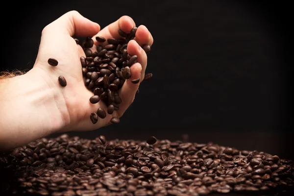 Hand grabbing coffee beans. — Stock Photo, Image