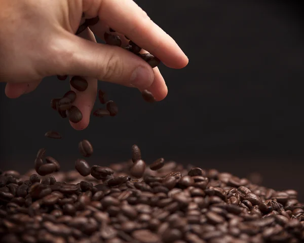 Hand grabbing coffee beans. — Stock Photo, Image