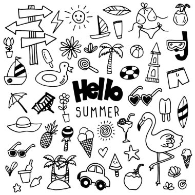 Yazın vektör karalama öğesi. El yapımı beyaz ve siyah çizgi film plajı.