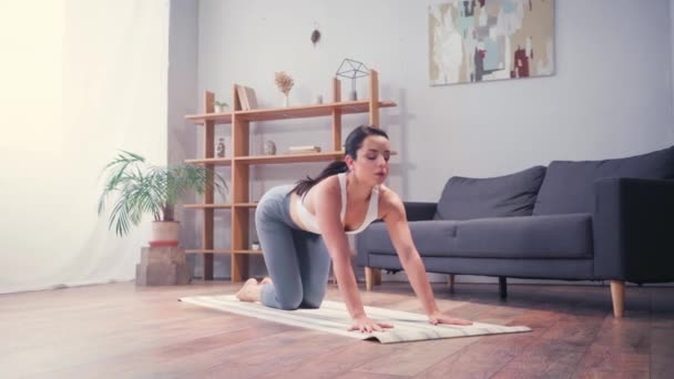 布鲁内特女运动员在家里躺在健身垫上 — 图库视频影像