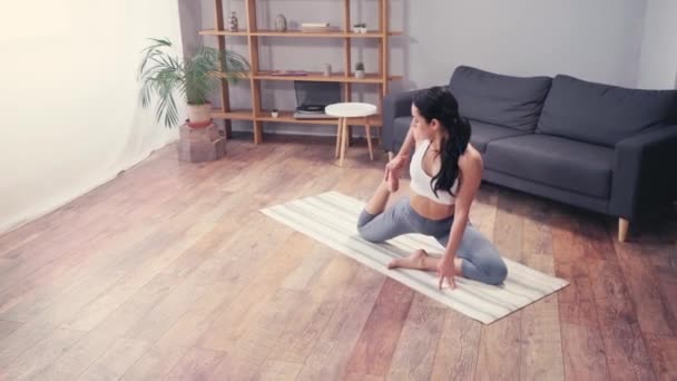 Young Sportswoman Stretching Training Home — Stock Video