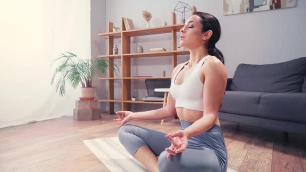 Sportswoman Closed Eyes Breathing Meditating Home — Stock Video