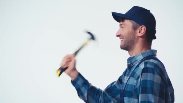 Happy Plumber Uniform Cap Working Hammer Isolated White — Stock Video