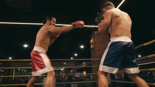 Cámara Lenta Boxeadores Sin Camisa Hispanos Luchando Ring Boxeo — Vídeos de Stock