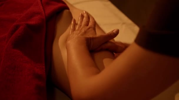 Visão Parcial Terapeuta Massagem Perna Mulher — Vídeo de Stock