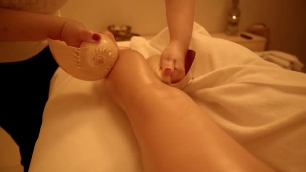 Teilansicht Des Masseurs Massiert Klient Mit Muscheln Wellness Salon — Stockvideo