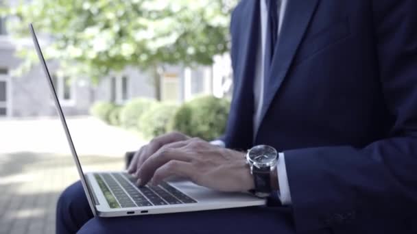 Przycięty Widok Biznesmena Zegarkiem Rękę Wpisując Laptopie — Wideo stockowe