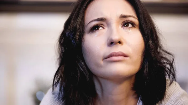 Close View Upset Woman Crying Tears Looking Home — Stock Photo, Image