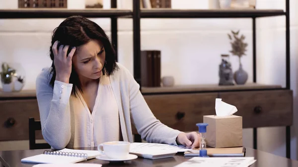 Worried Woman Sitting Table Cup Coffee Reading Documents Hand Head — Stock Photo, Image