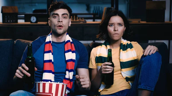 Worried Sport Fans Holding Bottles Beer Popcorn Bucket Watching Championship — Stock Photo, Image