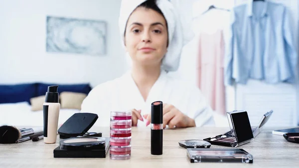 Smiling Young Woman Bathrobe Sitting Table Decorative Cosmetics Bedroom — Stock Photo, Image