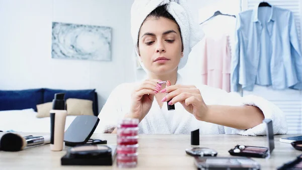 Young Woman Bathrobe Head Wrapped Towel Applying Lipstick Cosmetic Brush — Stock Photo, Image