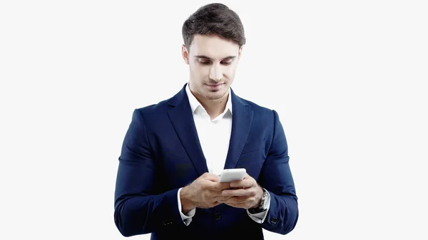 Uomo Affari Utilizzando Smartphone Isolato Bianco — Foto Stock