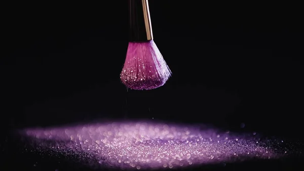 Cosmetic Brush Shiny Pink Dust Black Background — Stock Photo, Image