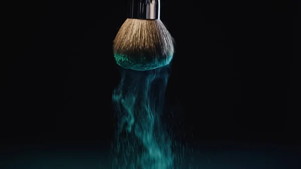 Blue Holi Paint Falling Soft Cosmetic Brush Black — Stock Photo, Image