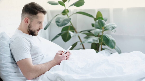 young bearded man using smartphone in bed