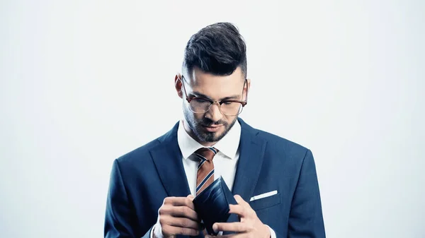 Young Businessman Checking Wallet Isolated White — Stock Photo, Image