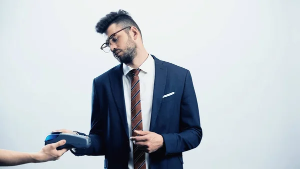 Businessman Paying Credit Card Payment Terminal Isolated White — Stock Photo, Image