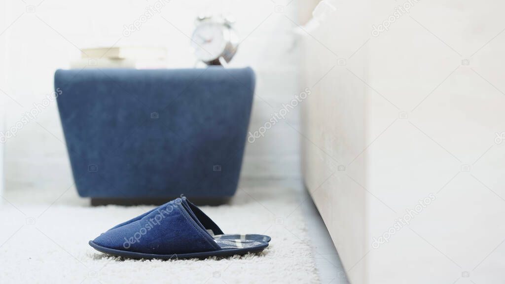 blue soft slippers on white carpet in bedroom 