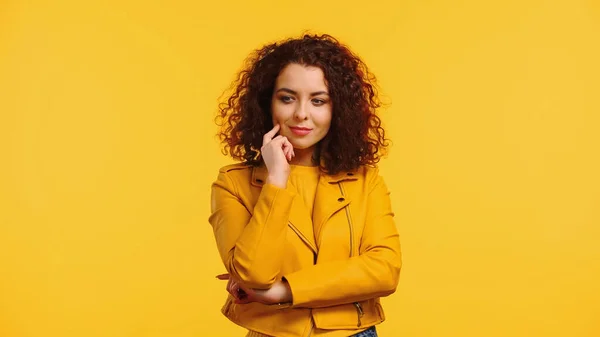 Thoughtful Young Woman Leather Jacket Isolated Yellow — Stock Photo, Image