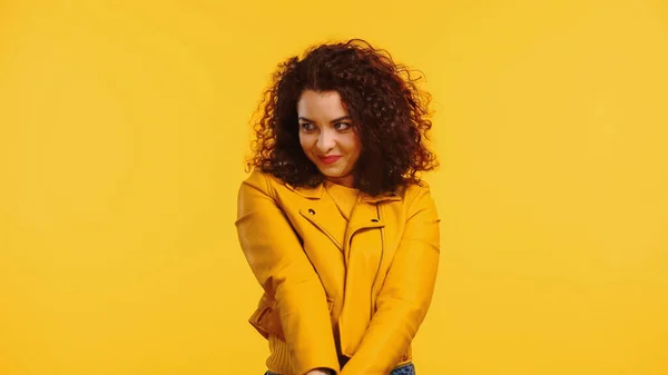 Shy Young Woman Leather Jacket Isolated Yellow — Stock Photo, Image