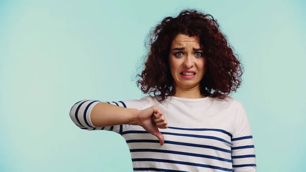 Displeased Young Woman Striped Long Sleeve Shirt Showing Thumb Isolated — Stock Photo, Image