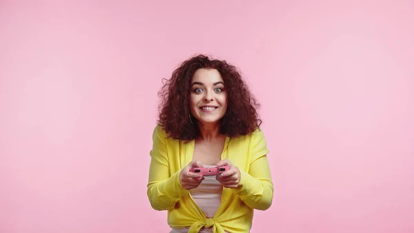 Kyiv Ukraine June 2021 Cheerful Young Woman Holding Joystick Playing — Stock Photo, Image