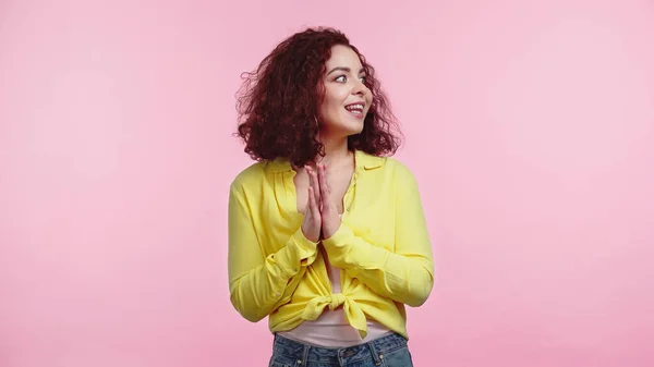 Cheerful Young Woman Clapping Hands Isolated Pink — Stock Photo, Image