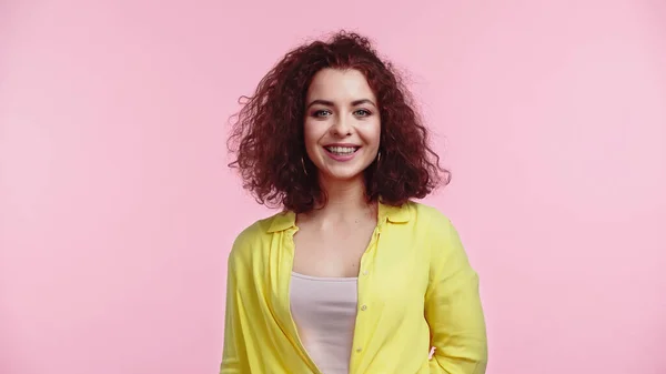 Positive Curly Young Woman Isolated Pink — Stock Photo, Image