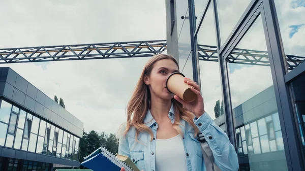 Young Student Drinking Coffee While Walking Urban Street — Stock Photo, Image