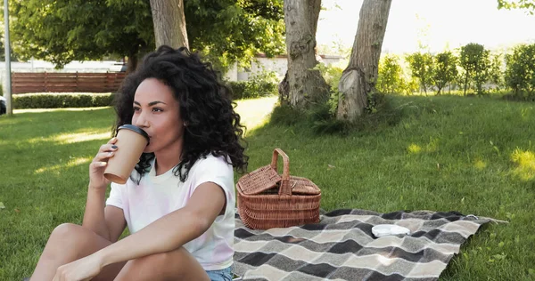 Mujer Afroamericana Rizada Bebiendo Café Para Hacer Durante Picnic Parque — Foto de Stock