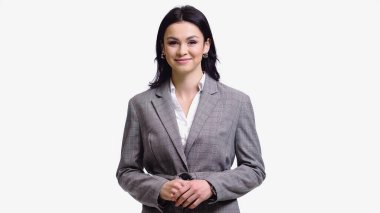 Smiling businesswoman in formal wear looking at camera isolated on white clipart