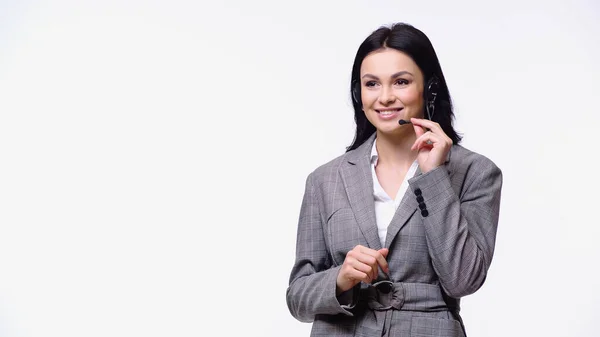 Mujer Negocios Sonriente Usando Auriculares Aislados Blanco — Foto de Stock