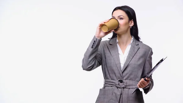 Affärskvinna Dricker Kaffe För Att Isolera Sig Vitt — Stockfoto