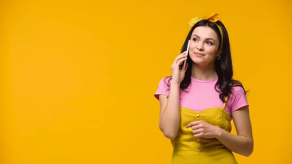 Pretty Brunette Woman Talking Mobile Phone Isolated Yellow — Stock Photo, Image