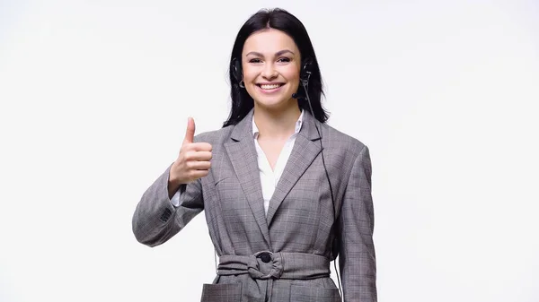 Uśmiechnięta Bizneswoman Słuchawkach Pokazuje Kciuk Górę Odizolowany Białym — Zdjęcie stockowe