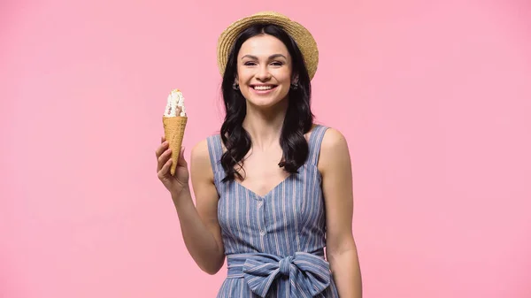 Smiling Woman Sun Hat Holding Delicious Ice Cream Isolated Pink — Stock Photo, Image