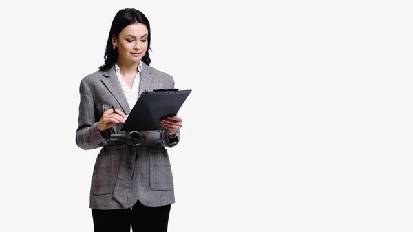 Businesswoman Holding Pen Clipboard Isolated White — 图库照片