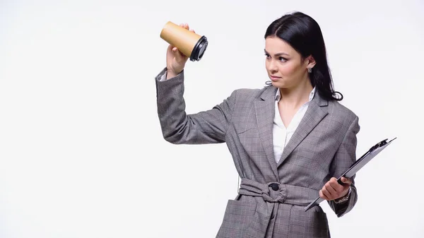 Businesswoman Clipboard Looking Empty Paper Cup Isolated White — 图库照片