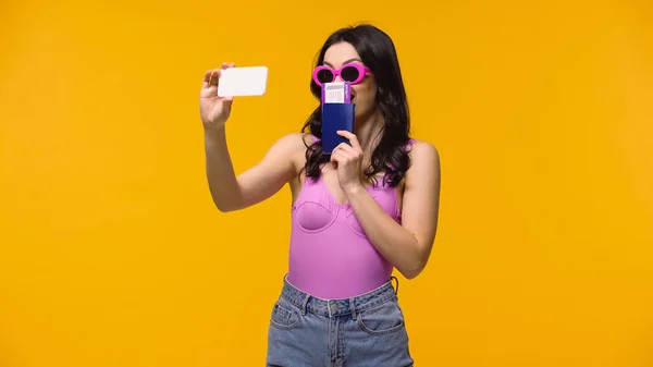 Woman Sunglasses Holding Passport Air Ticket While Taking Selfie Isolated — Stock Photo, Image