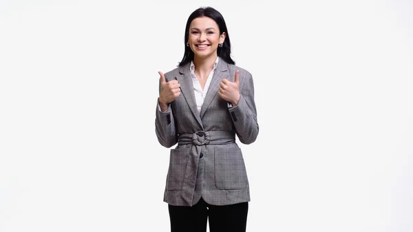 Smilende Manager Formelt Slid Viser Tommelfingre Isoleret Hvid - Stock-foto