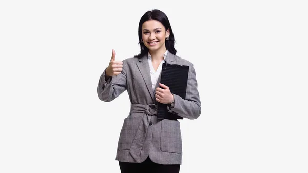 Lächelnde Geschäftsfrau Mit Klemmbrett Auf Weiß — Stockfoto