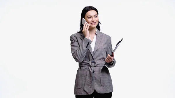 Woman Formal Wear Holding Clipboard Talking Smartphone Isolated White — 图库照片