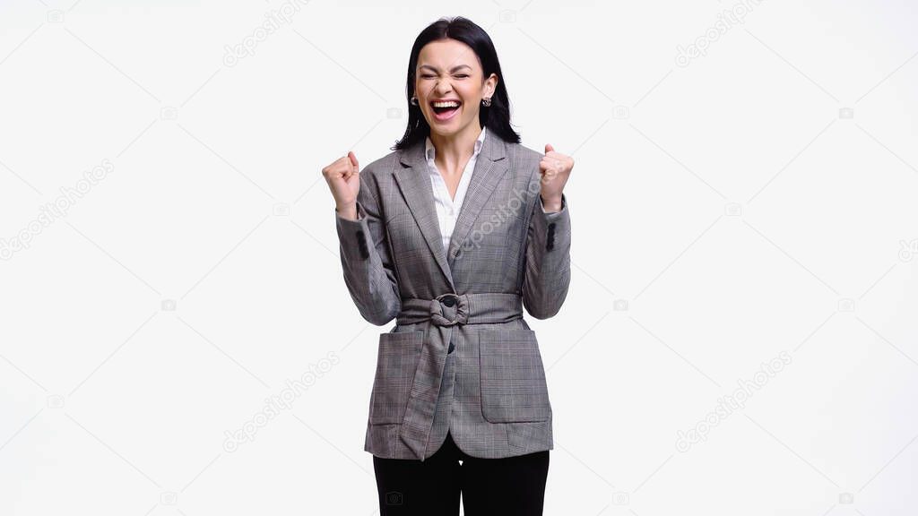 Excited manager showing yes gesture isolated on white