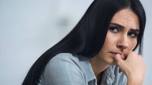 Worried Woman Biting Nail Home — Stock Photo, Image